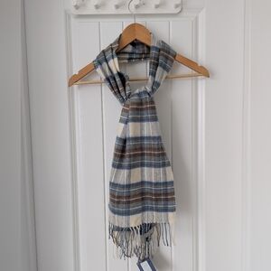 100% Cashmere Plaid Scarf Blue Ivory & Brown